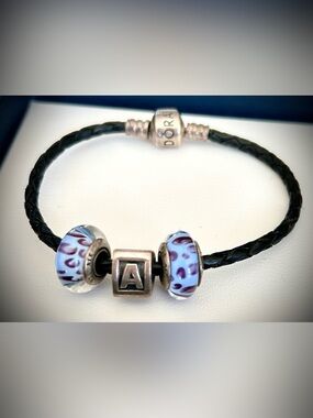 Pandora Leather Bracelet with Retired Silver Letter A and Murano Glass Beads